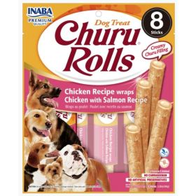 Inaba Churu Rolls Dog Treat Chicken Recipe wraps Chicken with Salmon Recipe